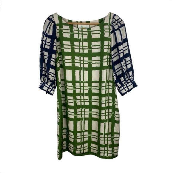Anthropologie Maeve 100% Silk Shift Dress Broken Block Size 4P Green Black - Picture 7 of 7